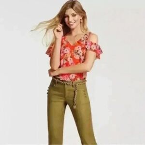 CAbi Women's Small Lush Blouse Cold Shoulder Floral Print V Neck Top Style #5352